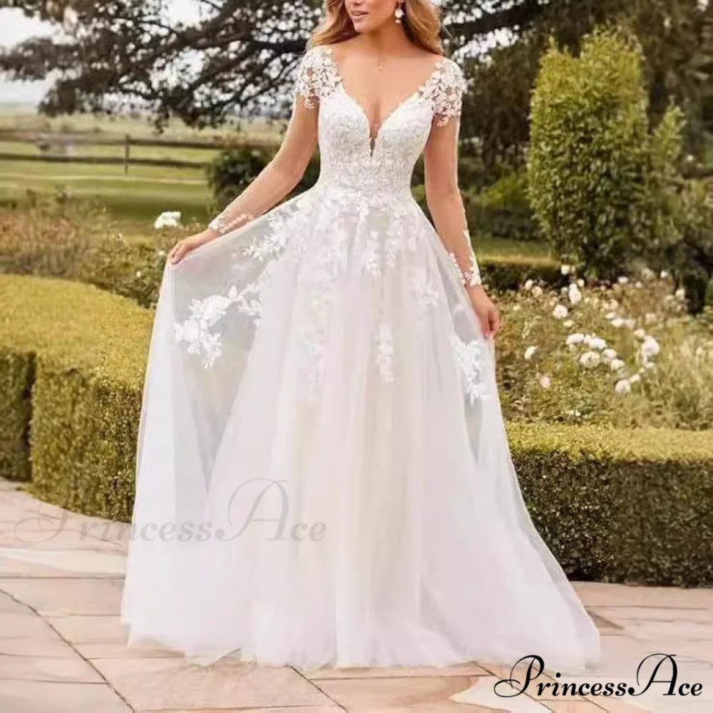 Deep-Neck Lace Flared Wedding Gown white / 2 weddingdress-250223