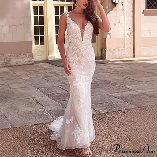 Deep-Neck Lace Mermaid Bridal Wedding Gown off white / 2 weddingdress-250223