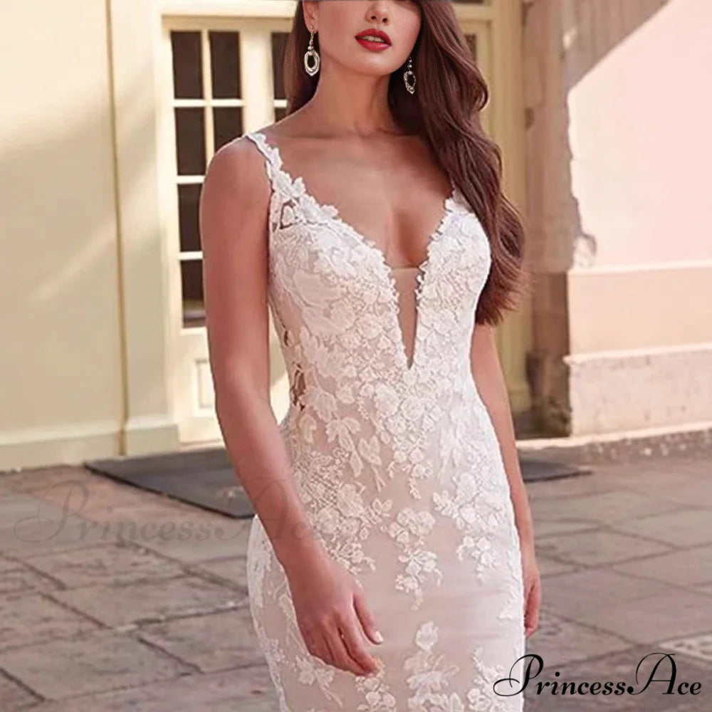 Deep-Neck Lace Mermaid Bridal Wedding Gown weddingdress-250223