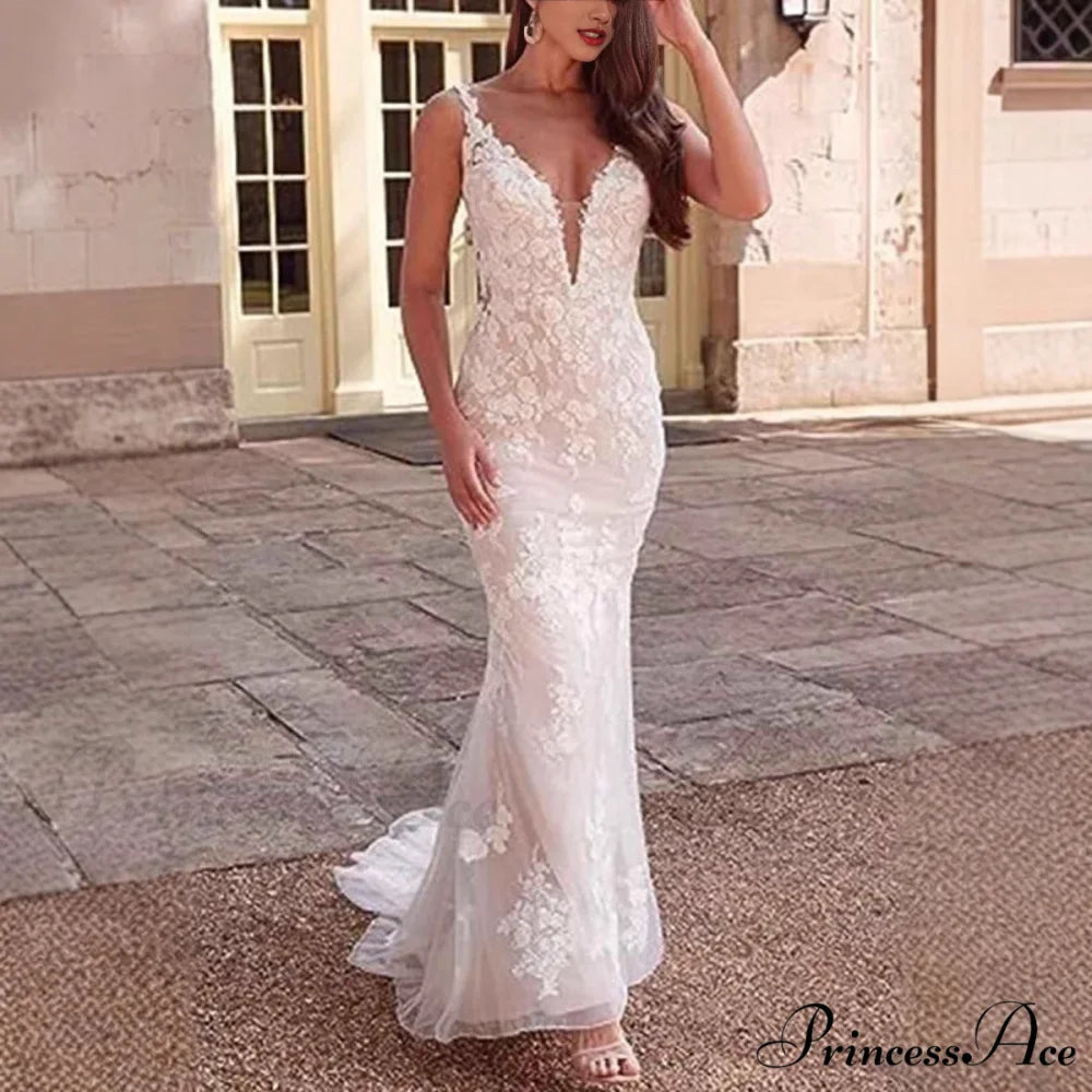 Deep-Neck Lace Mermaid Bridal Wedding Gown weddingdress-250223