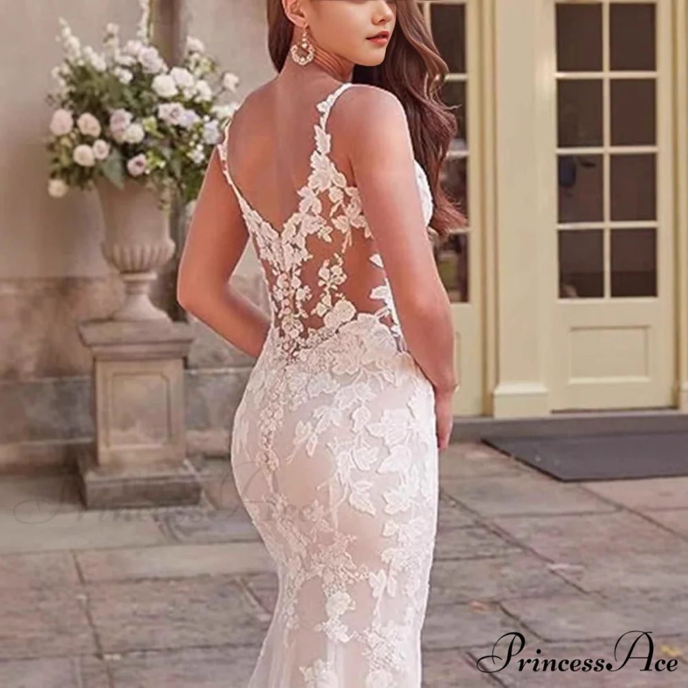 Deep-Neck Lace Mermaid Bridal Wedding Gown weddingdress-250223