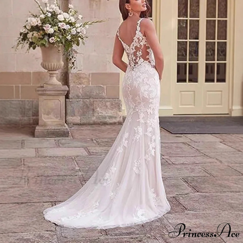 Deep-Neck Lace Mermaid Bridal Wedding Gown white / 2 weddingdress-250223
