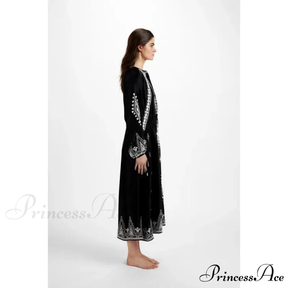 Deep-neck Lantern Sleeve Loose Fit Cotton Bohemian Dress bohodress-250126