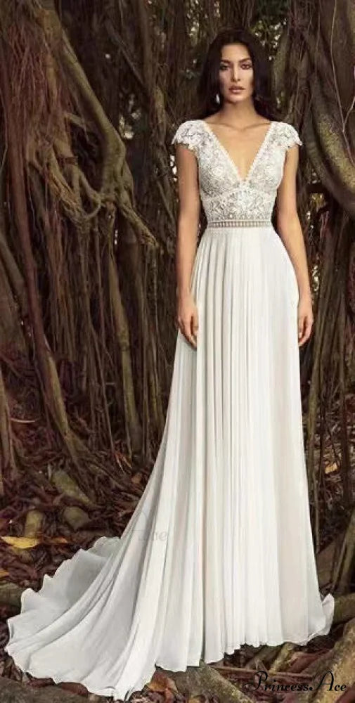 Deep Neck Long Train Transparent Tulle Wedding Gown lvory white / 2 weddingdress-250223