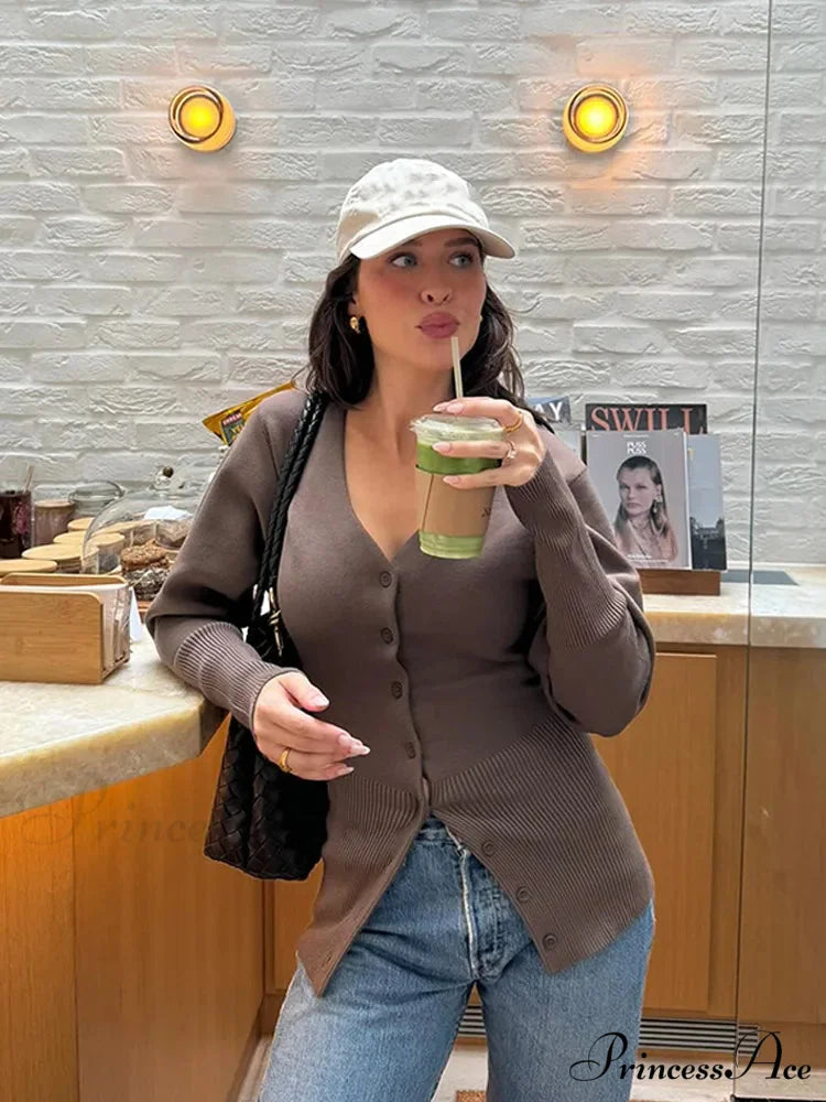 Deep-neck Monochromatic Extended Sleeve Cardigan cardigans-241228