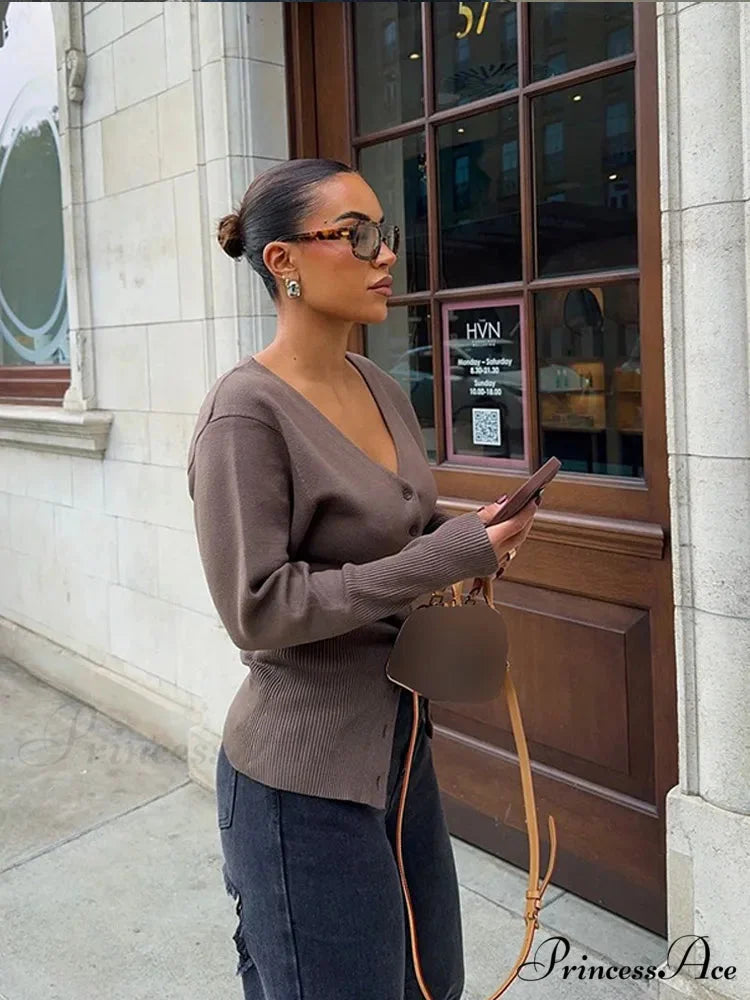 Deep-neck Monochromatic Extended Sleeve Cardigan cardigans-241228