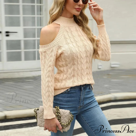 Deep-neck Off Shoulder Fried Dough Twists Jumper swraters-241228
