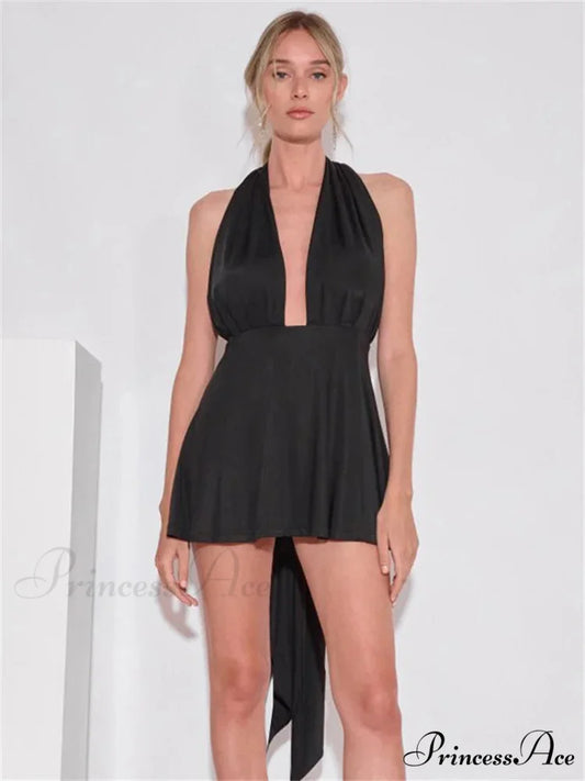 Deep Neck Open Bandage Mini Dress Black / S minidress-250223