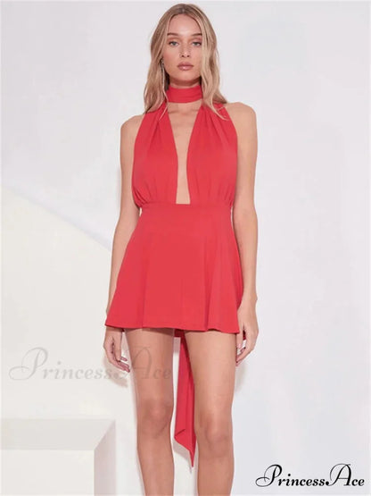 Deep Neck Open Bandage Mini Dress Red / S minidress-250223