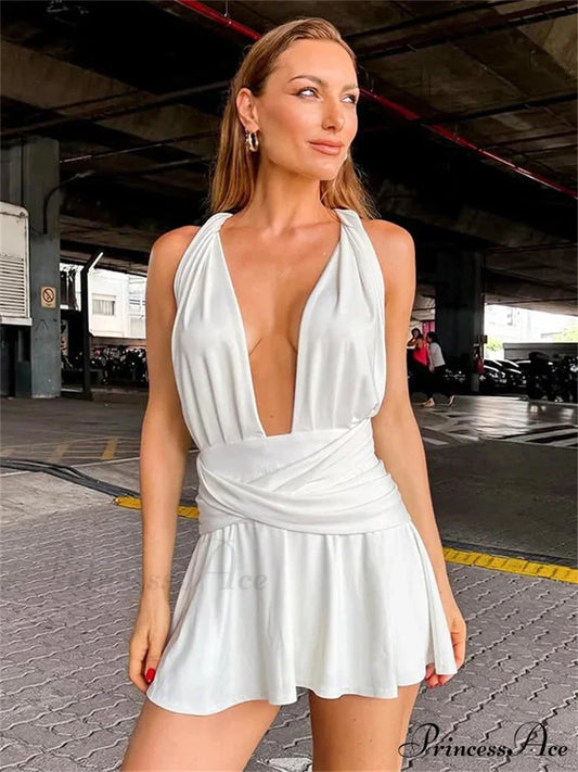 Deep Neck Open Bandage Mini Dress WHITE / S minidress-250223