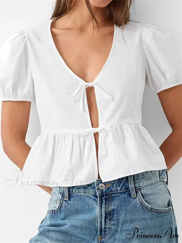 Deep-neck Open Front Bind-up Short Sleeve Blouse blouse-250126