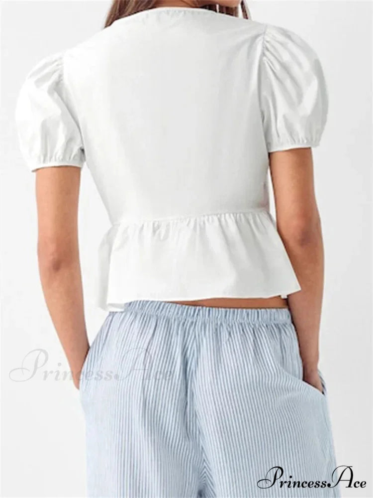 Deep-neck Open Front Bind-up Short Sleeve Blouse blouse-250126