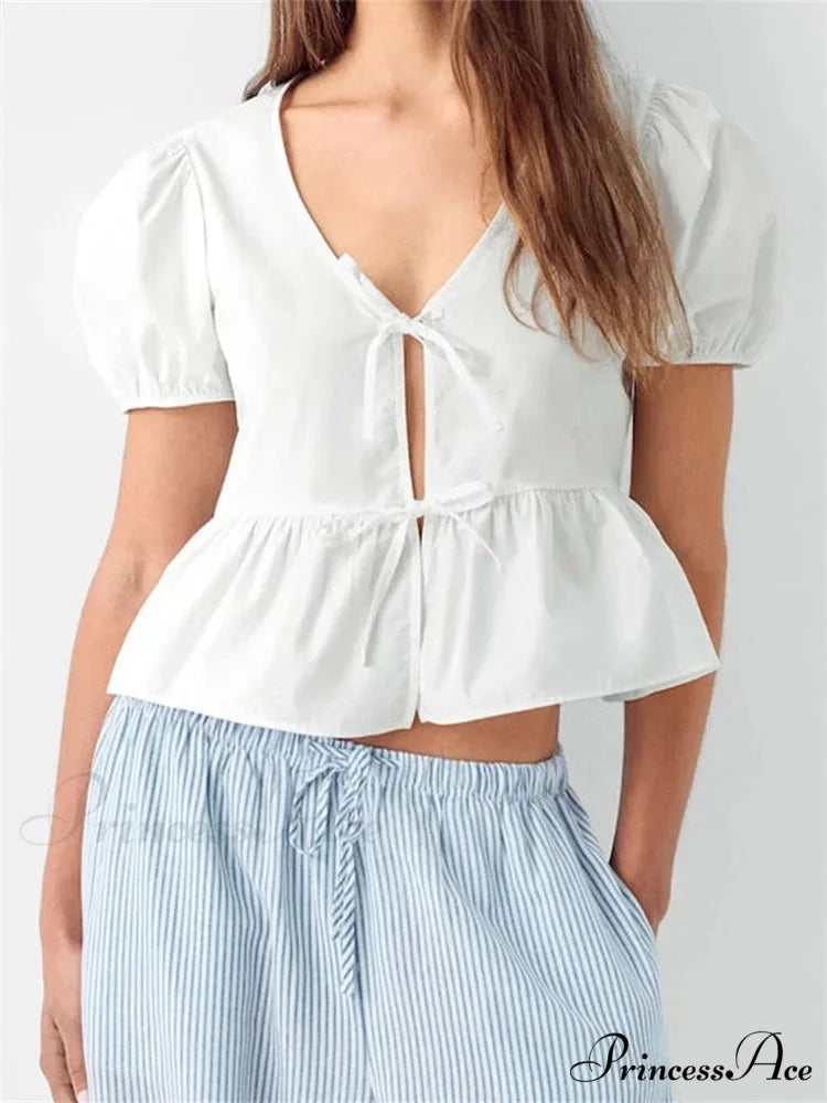 Deep-neck Open Front Bind-up Short Sleeve Blouse blouse-250126