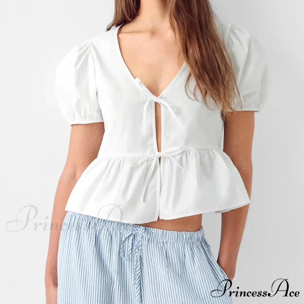 Deep-neck Open Front Bind-up Short Sleeve Blouse WHITE / S blouse-250126