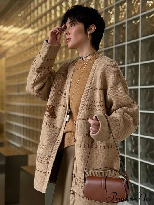 Deep-neck Patterned Button Cardigan cardigans-241228