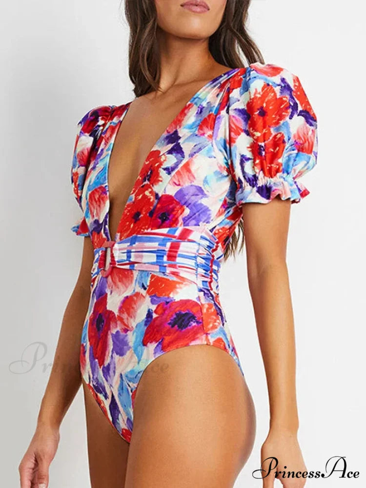 Deep-neck Patterned Puffy Sleeve Swimsuit Single Piece onepiece-250223