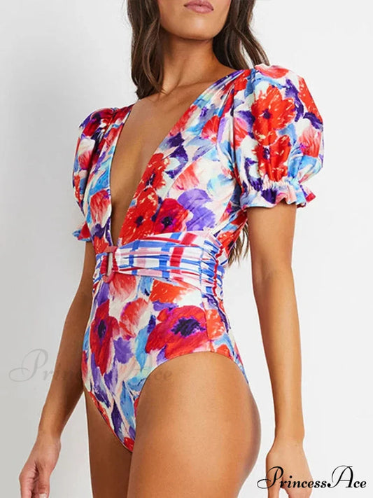 Deep-neck Patterned Puffy Sleeve Swimsuit Single Piece onepiece-250223