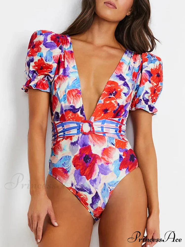 Deep-neck Patterned Puffy Sleeve Swimsuit Single Piece onepiece-250223