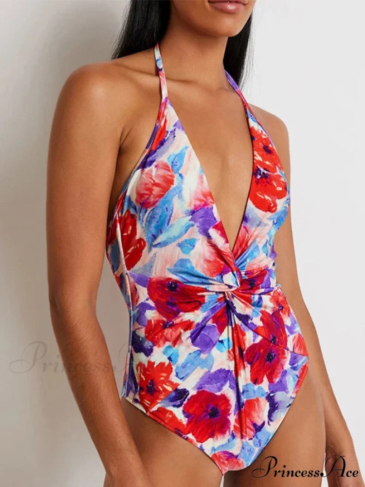 Deep-neck Patterned Puffy Sleeve Swimsuit Single Piece red2 / S onepiece-250223