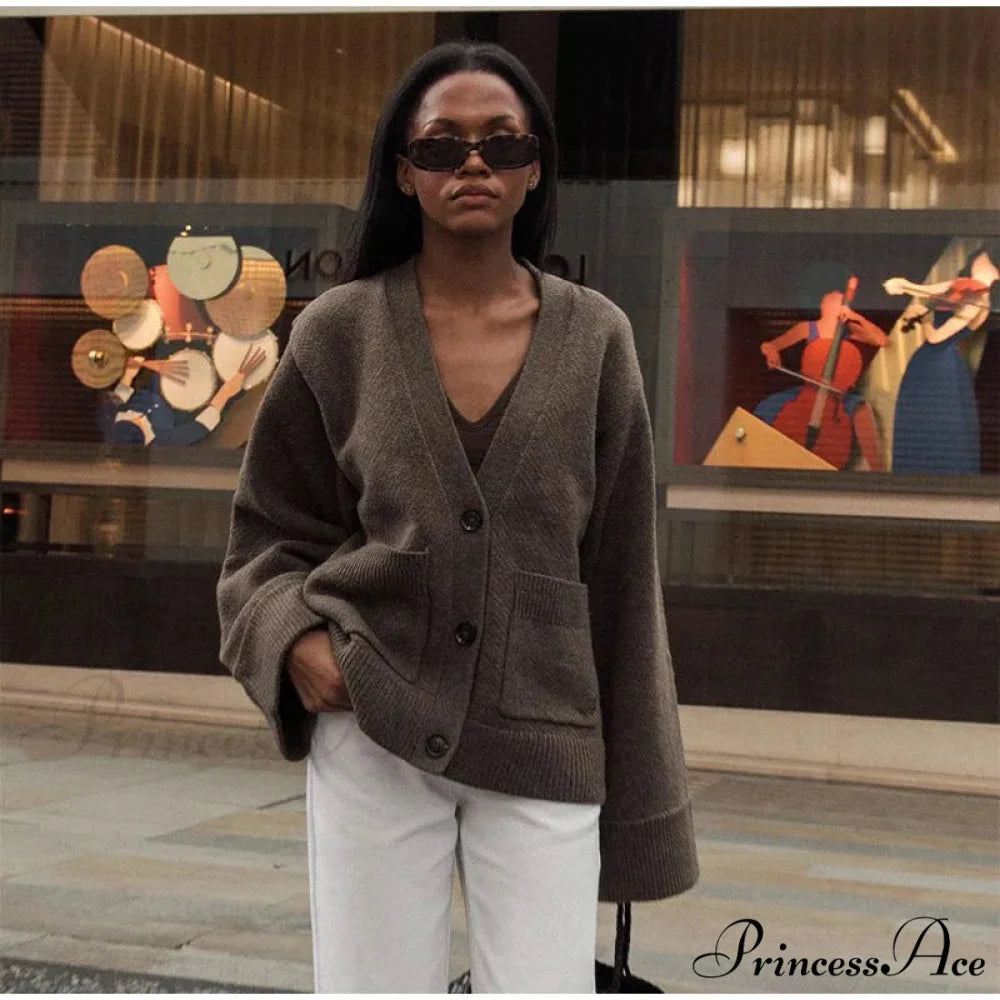 Deep-neck Pocket Extended Sleeve Cardigan Brown / S cardigans-241228