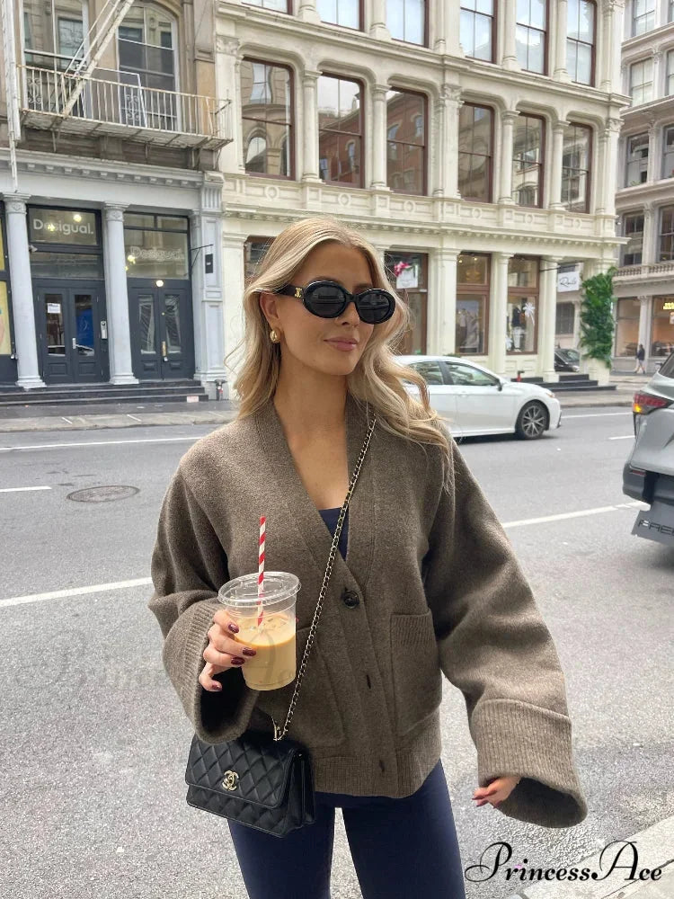 Deep-neck Pocket Extended Sleeve Cardigan cardigans-241228