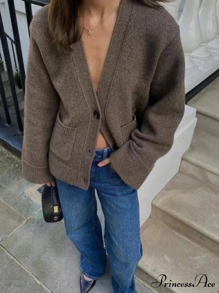 Deep-neck Pocket Extended Sleeve Cardigan cardigans-241228