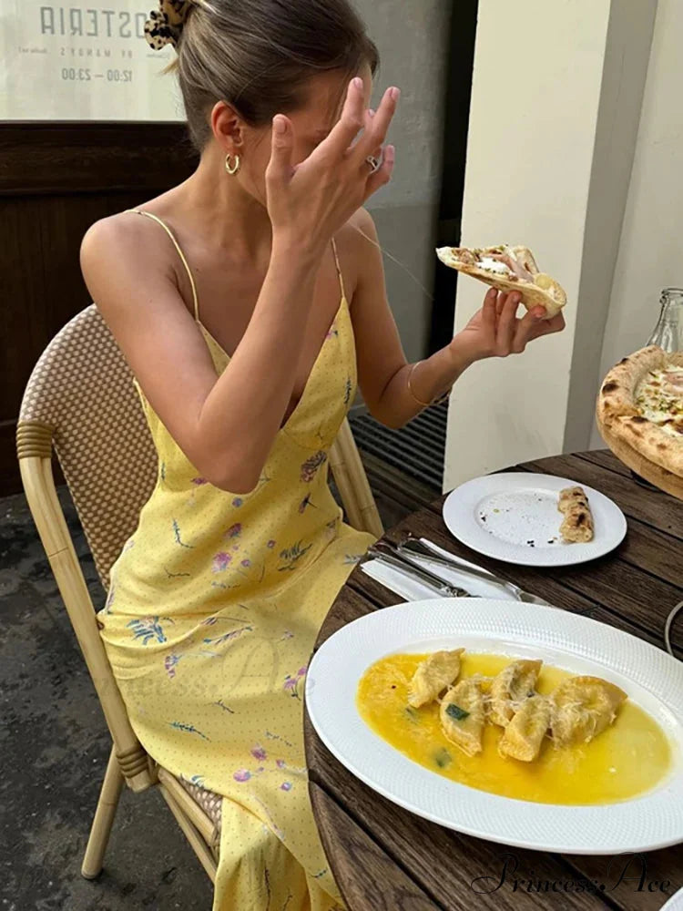 Deep-neck Printed Flower Yellow Holiday Dress vacationdress-250223