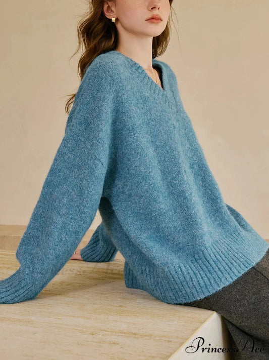 Deep-Neck Pullover Wool Cozy Sweater Blue / XS swraters-241228