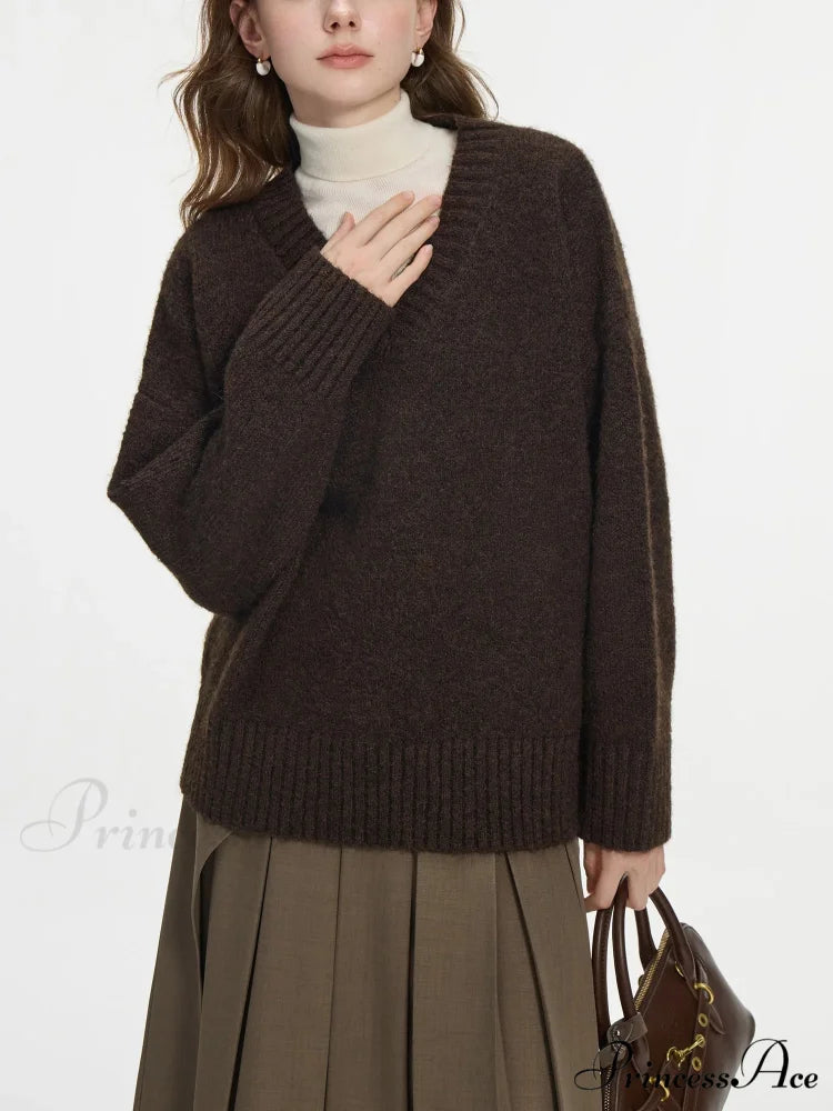 Deep-Neck Pullover Wool Cozy Sweater Dark brown / XS swraters-241228