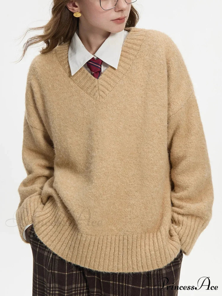 Deep-Neck Pullover Wool Cozy Sweater Khaki / XS swraters-241228