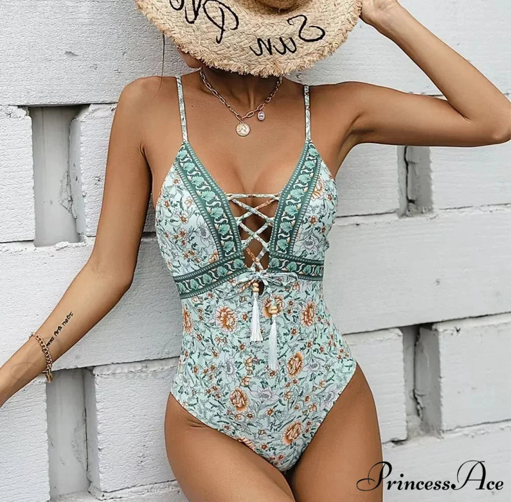 Deep Neck Push Up Cross One Piece Swimsuit onepiece-250223