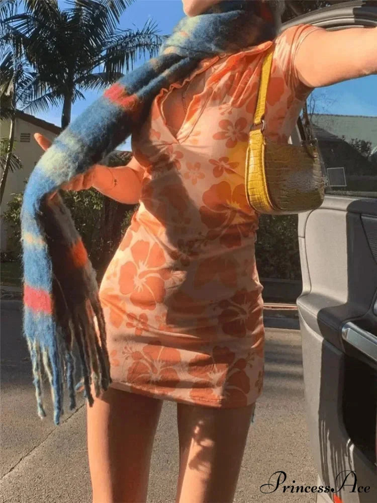 Deep-Neck Sewn Pattern Mini Dress Orange / S minidress-250223