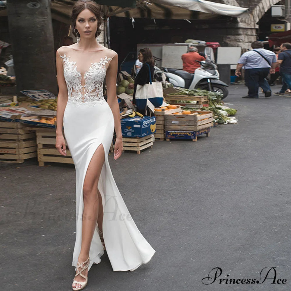 Deep Neck Side Split Mermaid Wedding Gown lvory white / 2 weddingdress-250223