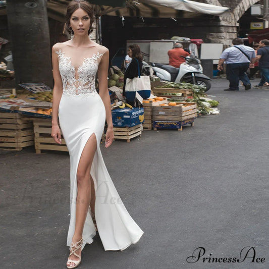 Deep Neck Side Split Mermaid Wedding Gown lvory white / 2 weddingdress-250223