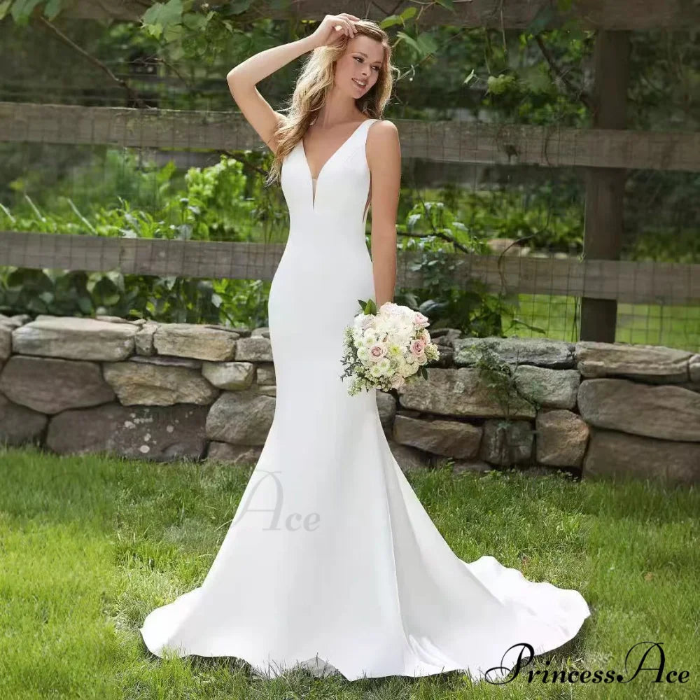 Deep-Neck Silk Mermaid Bridal Wedding Gown off white / 2 weddingdress-250223