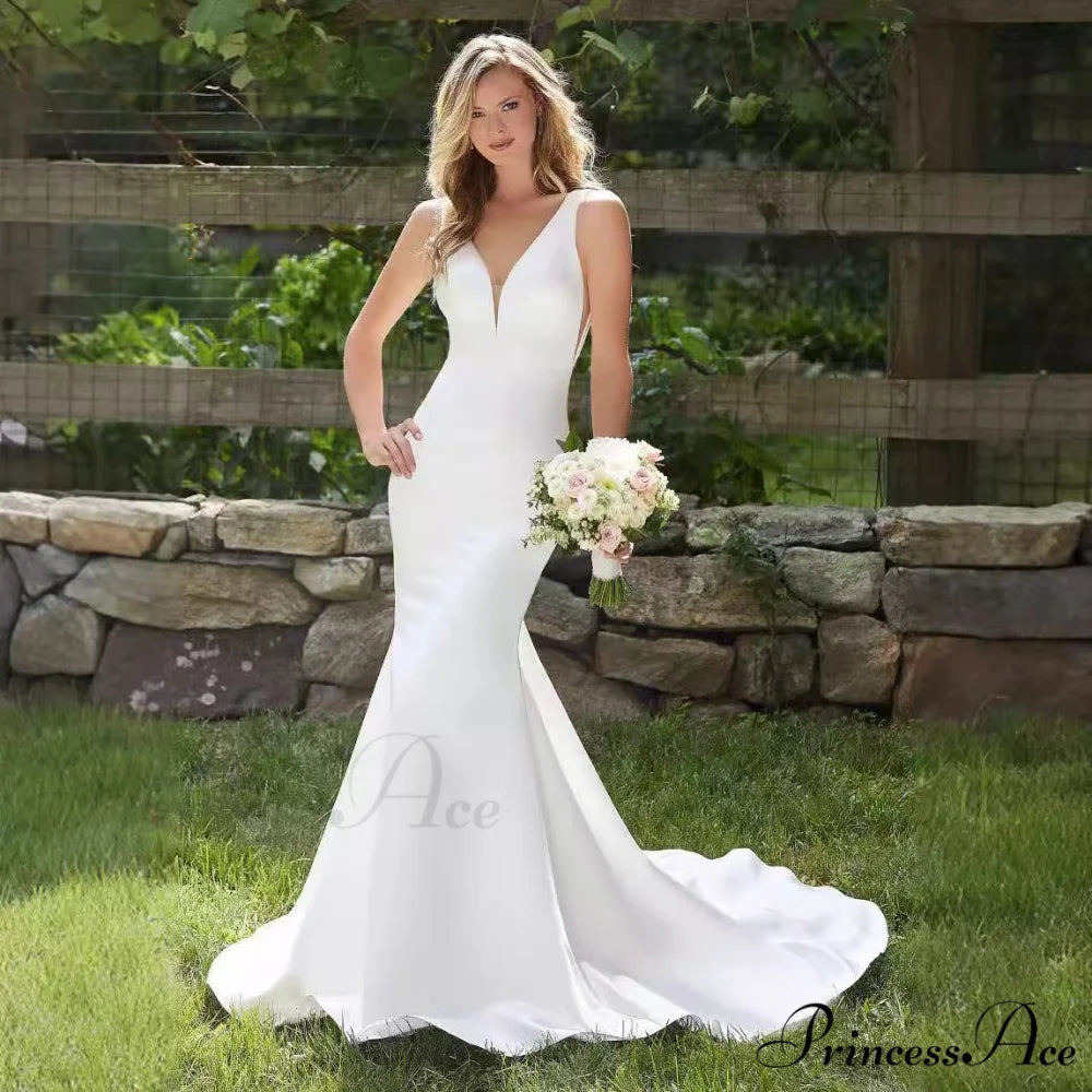 Deep-Neck Silk Mermaid Bridal Wedding Gown White / 2 weddingdress-250223