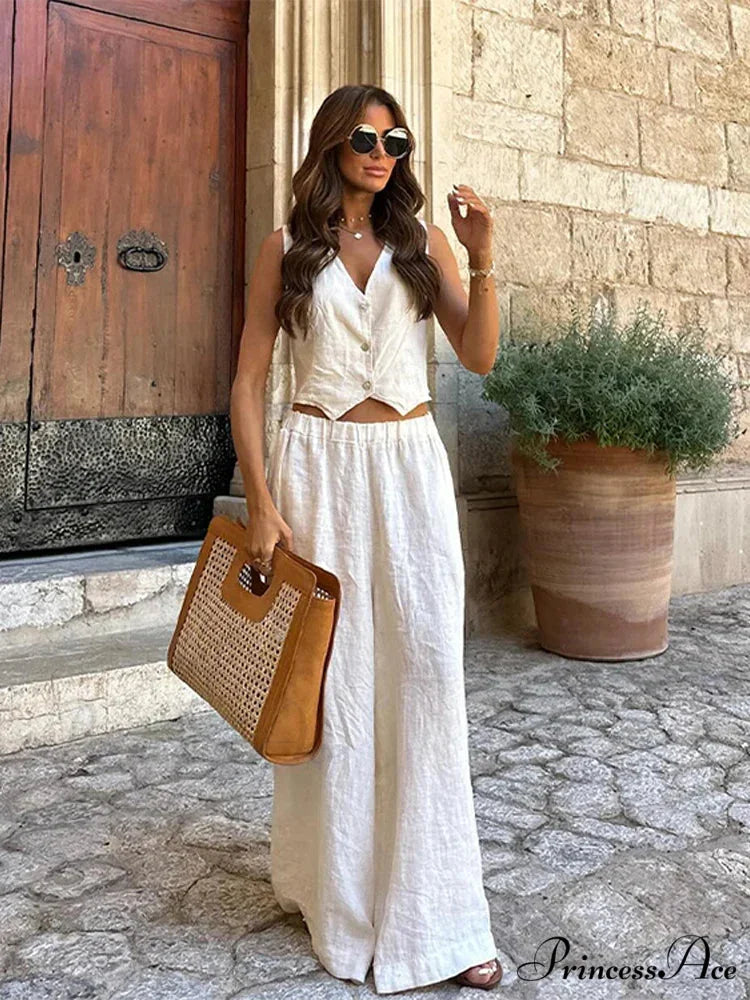 Deep-neck Sleeveless Broad Leg Workplace Two Piece Set officetwopieceset-250223