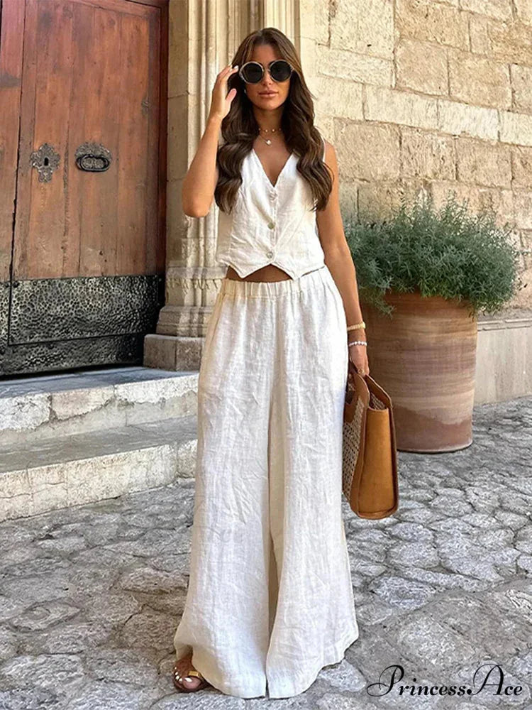 Deep-neck Sleeveless Broad Leg Workplace Two Piece Set white trousers / S officetwopieceset-250223