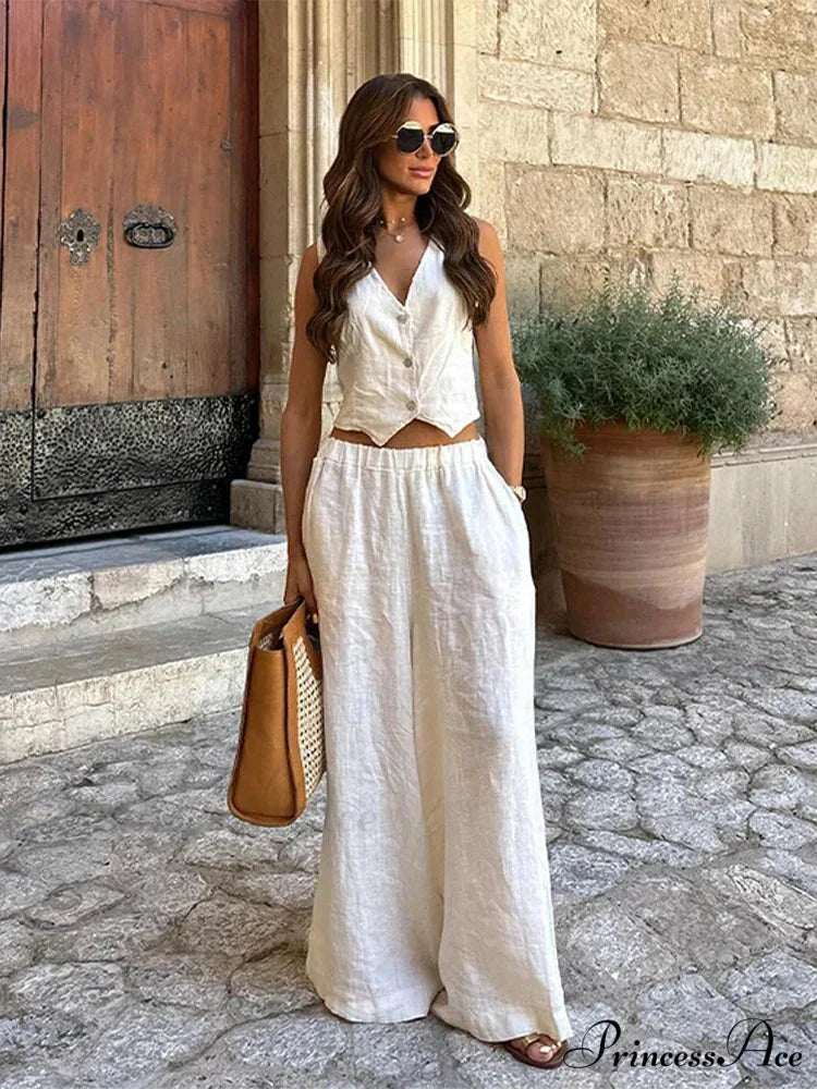 Deep-neck Sleeveless Broad Leg Workplace Two Piece Set white Vest / S officetwopieceset-250223