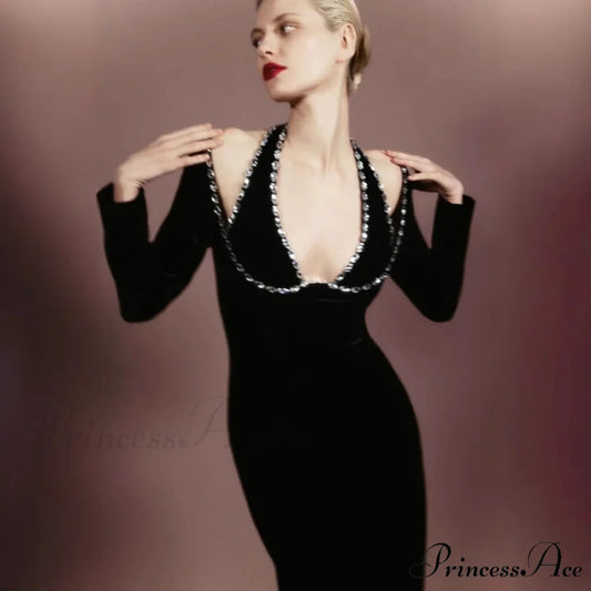 Deep Neck Sparkling Bandage Long Sleeve Autumn Prom Dress promdress-250223