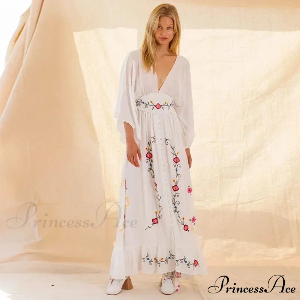 Deep-neck Stitched Blossom Vintage Ethnic Boho Dress bohodress-250126