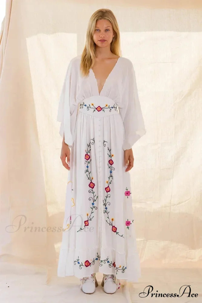 Deep-neck Stitched Blossom Vintage Ethnic Boho Dress bohodress-250126