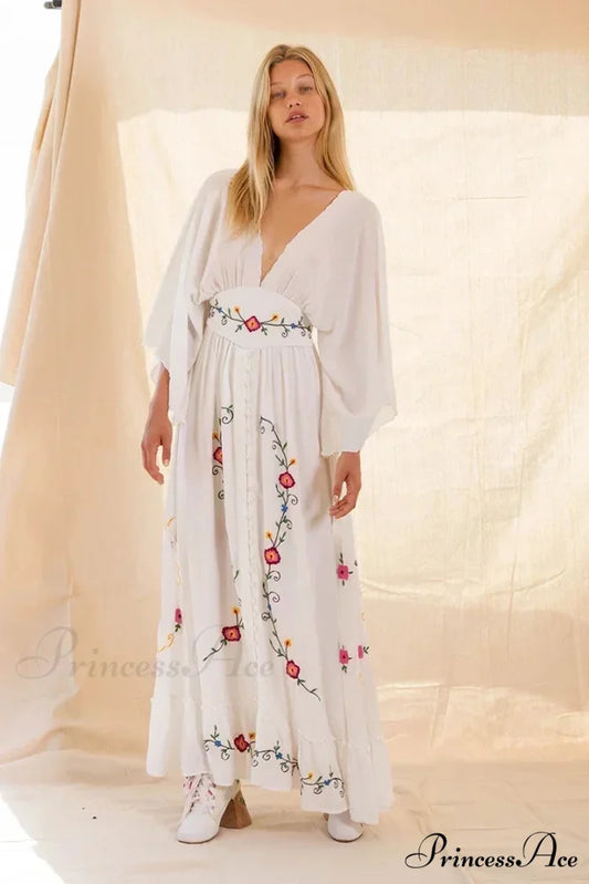 Deep-neck Stitched Blossom Vintage Ethnic Boho Dress WHITE / S bohodress-250126