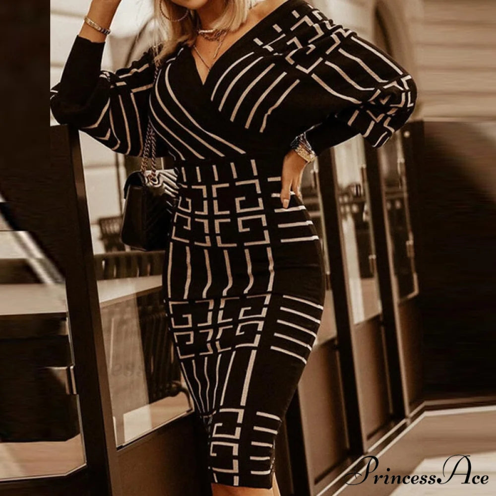 Deep - Party - V-Neck Plaid Gown Long Hip Streetwear Arm Spring Casual Autumn Gown Striped Vestidos 02 Black / S