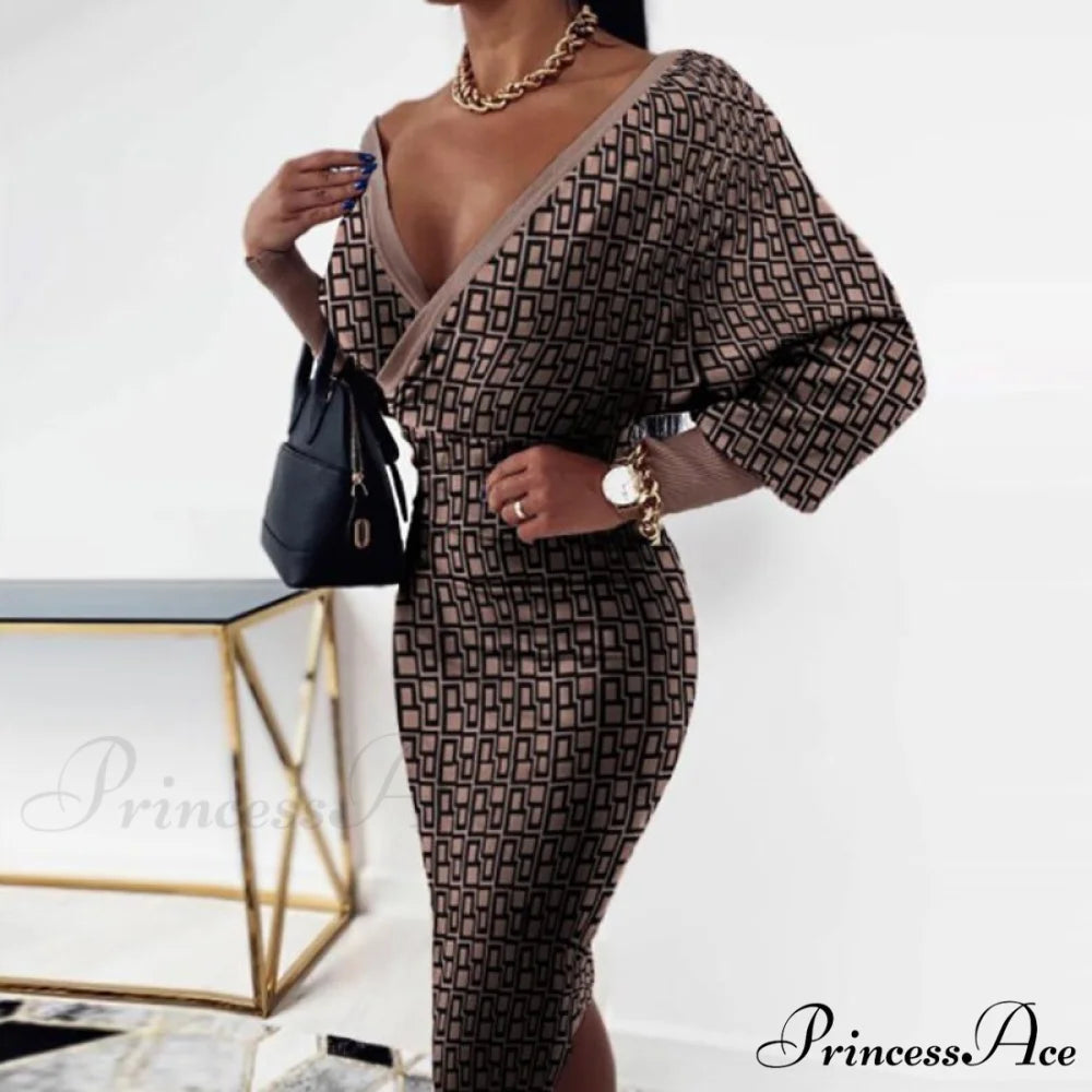 Deep - Party - V-Neck Plaid Gown Long Hip Streetwear Arm Spring Casual Autumn Gown Striped Vestidos 03 Brown Plaid / S