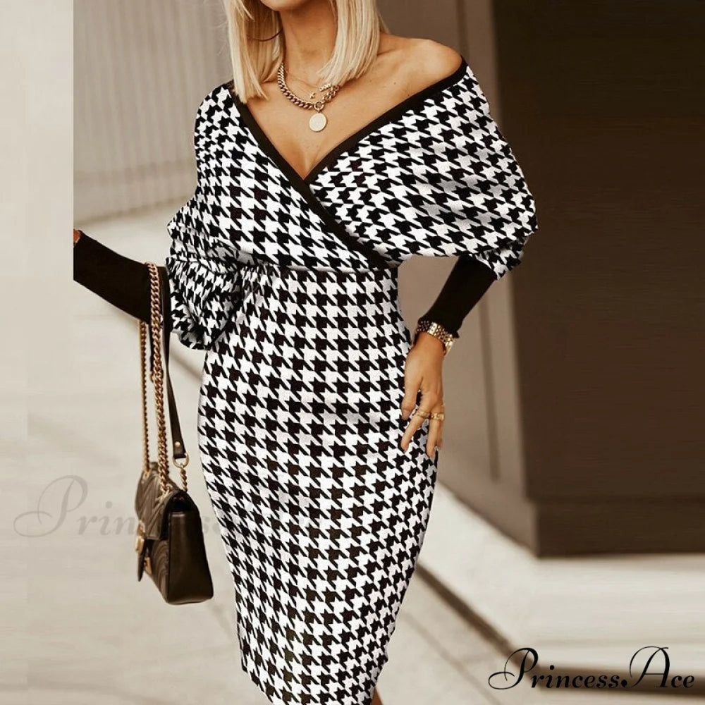Deep - Party - V-Neck Plaid Gown Long Hip Streetwear Arm Spring Casual Autumn Gown Striped Vestidos