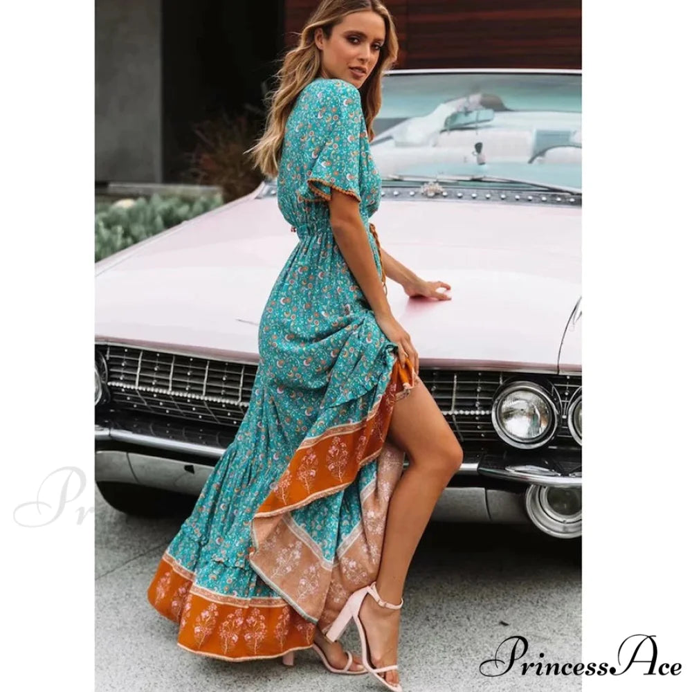 Deep Plunge Floral Bohemian Summer Dress bohodress-250126