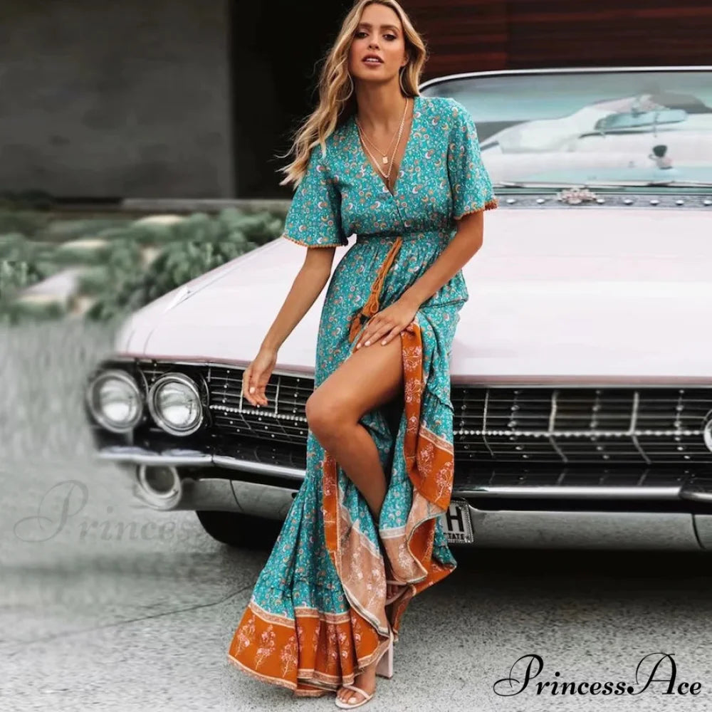 Deep Plunge Floral Bohemian Summer Dress bohodress-250126