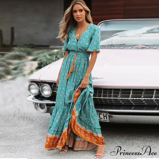 Deep Plunge Floral Bohemian Summer Dress bohodress-250126
