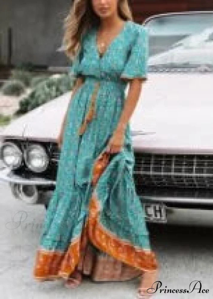 Deep Plunge Floral Bohemian Summer Dress Turquoise / S bohodress-250126